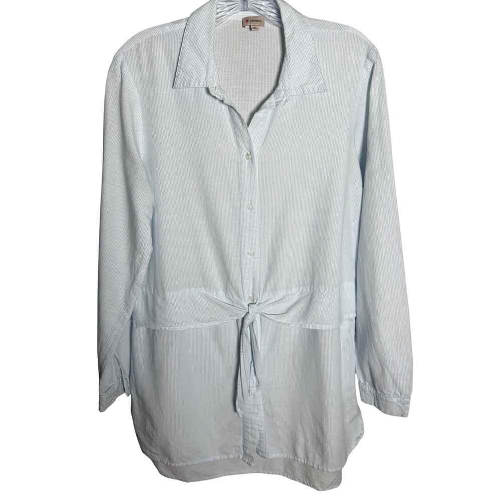 Cremieux Button Down Shirt Womens Medium Blue Cotton Striped Tie Front Casual